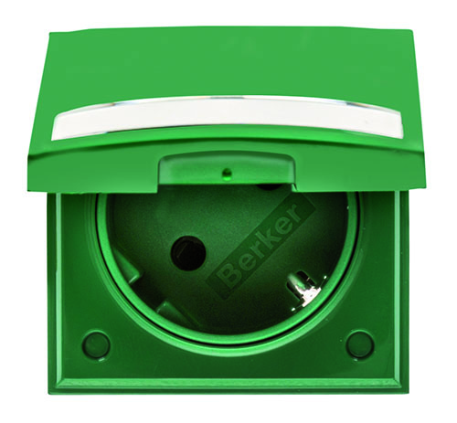 Steckdose SCHUKO mit Klappdeckel und Beschriftungsfeld, grün glänzend